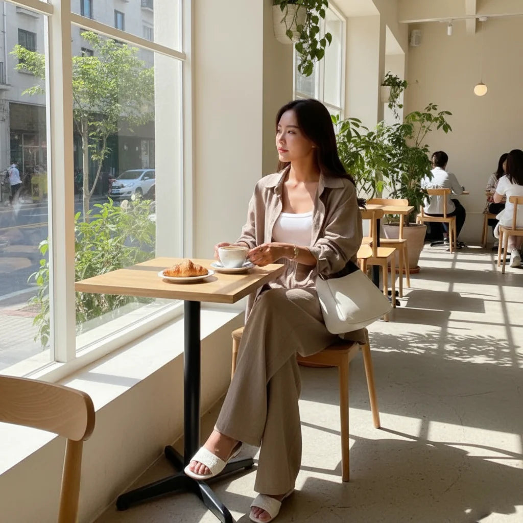 Femme en terrasse portant l'Ensemble Deux Pièces en Denim imité - Boutique ÉclatsChic, parfait pour les sorties estivales élégantes.