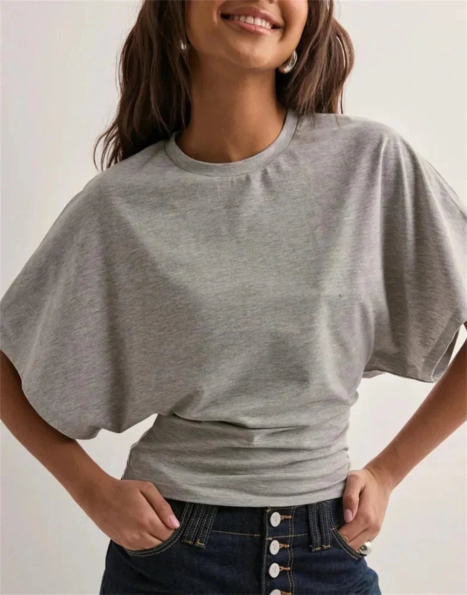 Women's New Arrival Solid Colour Pure Cotton Crew Neck Pullover Short-Sleeved Loose-Fit Waist-Defining Cropped Top with Exposed
