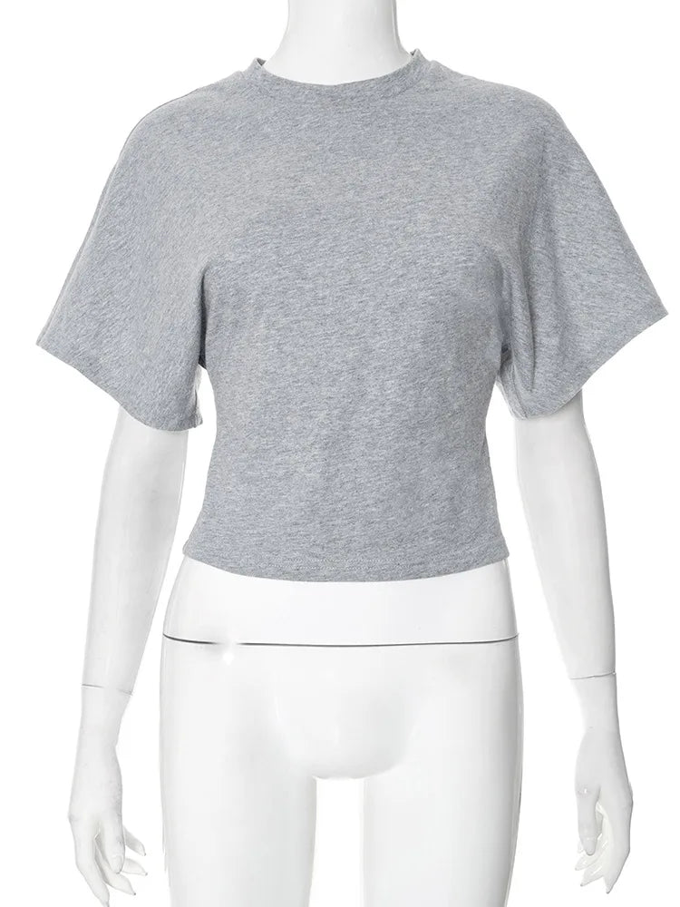 Women's New Arrival Solid Colour Pure Cotton Crew Neck Pullover Short-Sleeved Loose-Fit Waist-Defining Cropped Top with Exposed